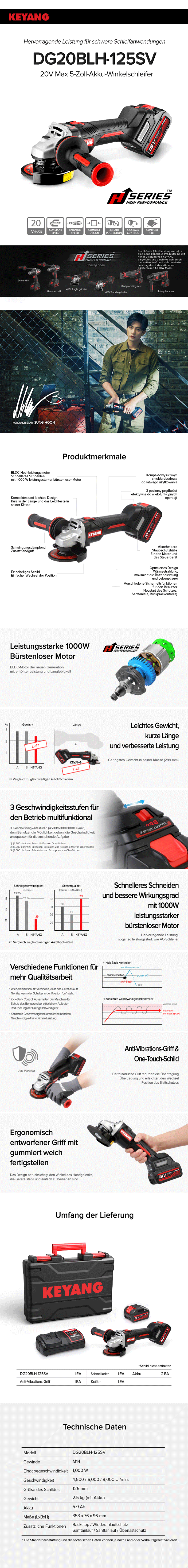 Keyang DG20BLH-125SV Accu-Winkelschleifer 18V 5.0Ah