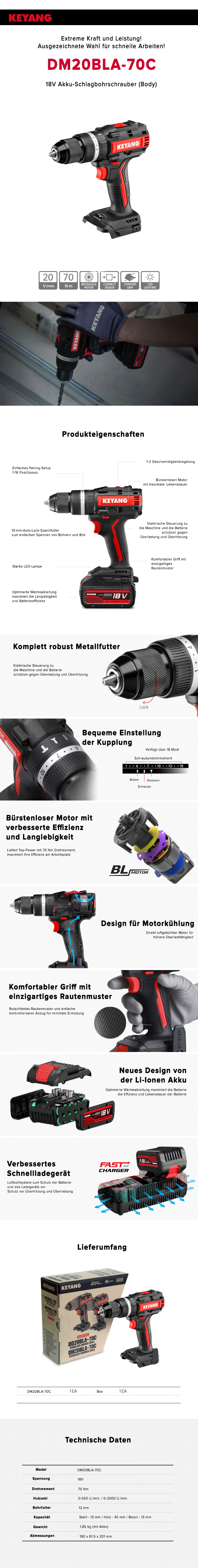 Keyang DM20BLA70C Akku-Schlagbohrmaschine/Schraubendreher 18V 5.0Ah BODY