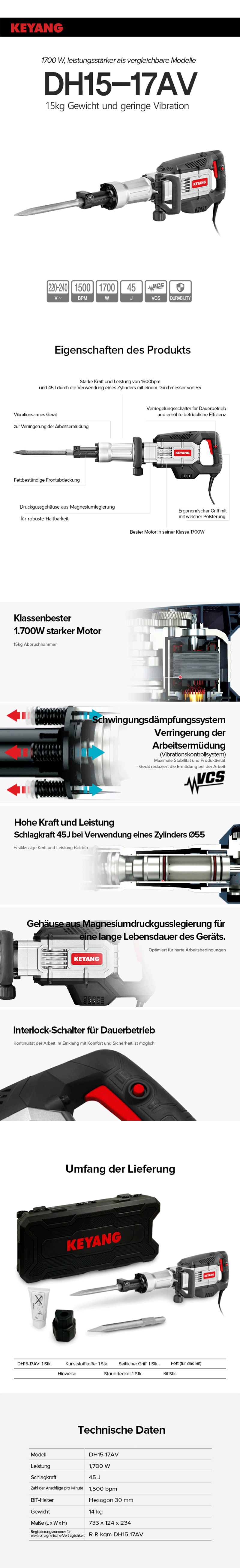 Keyang DH15-17AV Vibrationsarmer Meißelhammer - 1700W