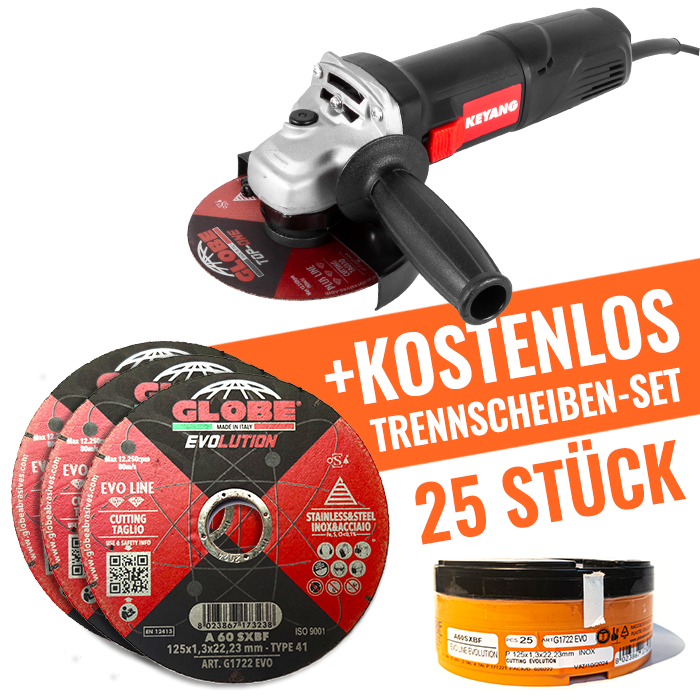 Keyang DG1102C Winkelschleifer 125 mm 1100W + Globe G1722-EVO Trennscheiben 125×1,3×22,2mm 25 Stück flach