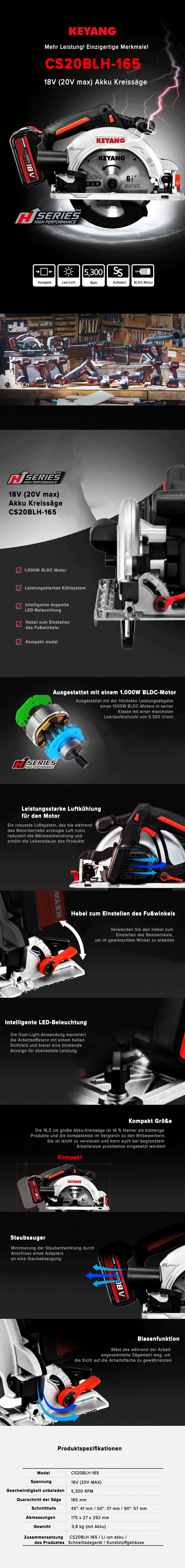 Keyang CS20BLH-165 Akku-Kreissäge - 18V (20V max)