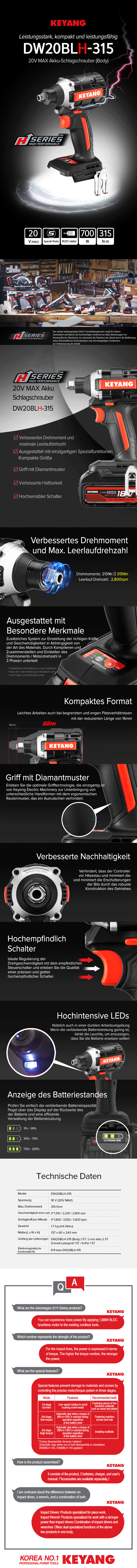 Keyang DW20BLH-315 Akku-Schlagschrauber 315Nm - 18V (20V MAX) - BODY