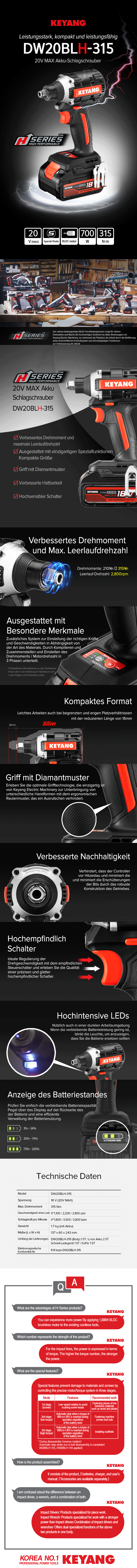 Keyang DW20BLH-315 Akku-Schlagschrauber / Schlagschrauber 315Nm - 18V (20V MAX)