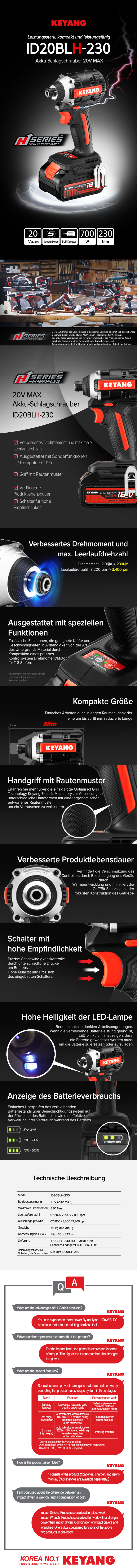 Keyang ID20BLH-230 Akku-Schlagschrauber 230 Nm - 18V (20V MAX) - 2×5.0Ah