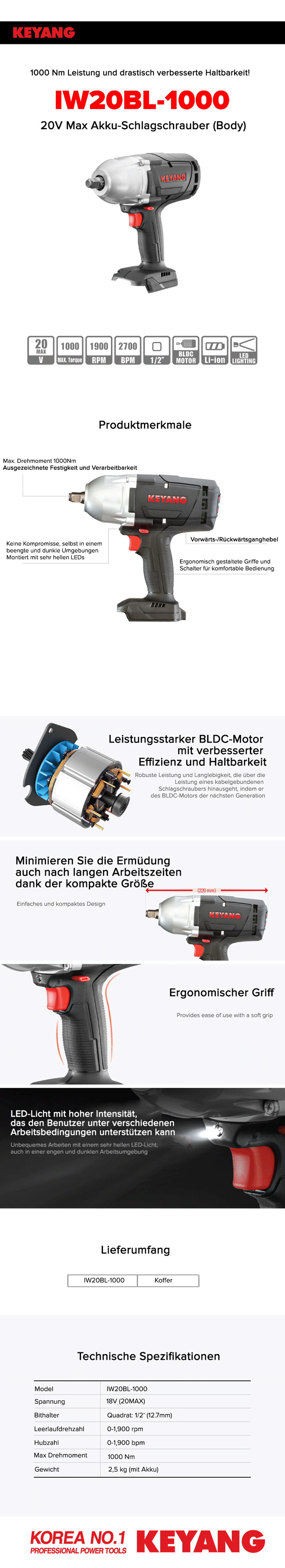 Keyang IW20BL-1000 Schlagschrauber Akku - BODY