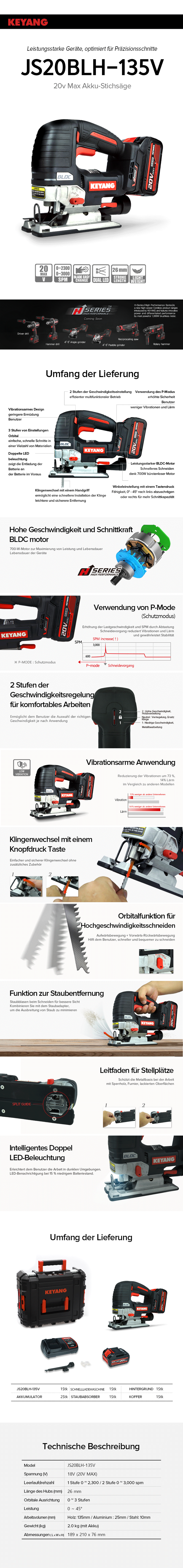 Keyang JS20BLH-135V Akku-Stichsäge - 18V / 20V MAX