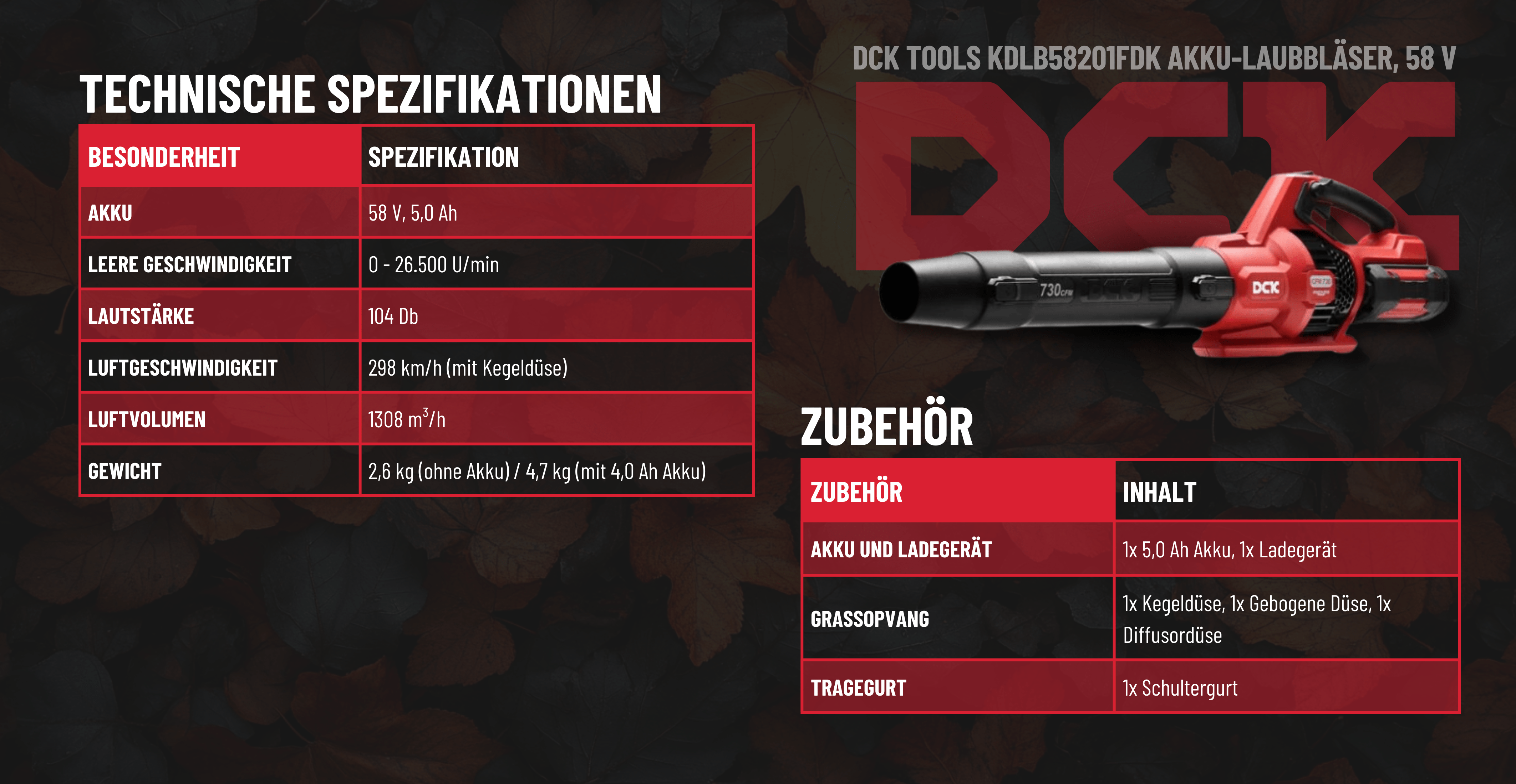 DCK 58V Akku-Laubbläser spezifikationen