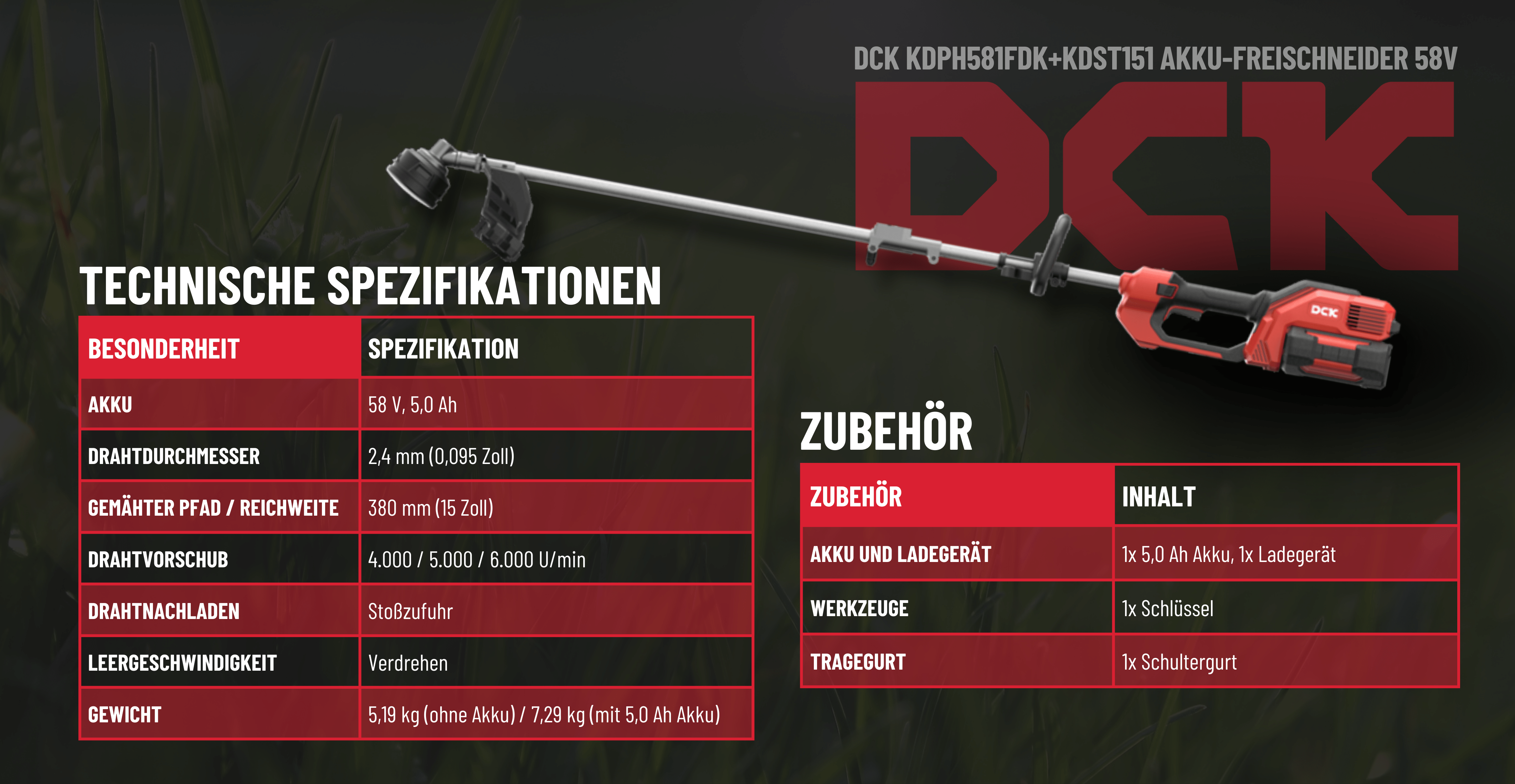 DCK 58V Akku-Freischneider Spezifikationen