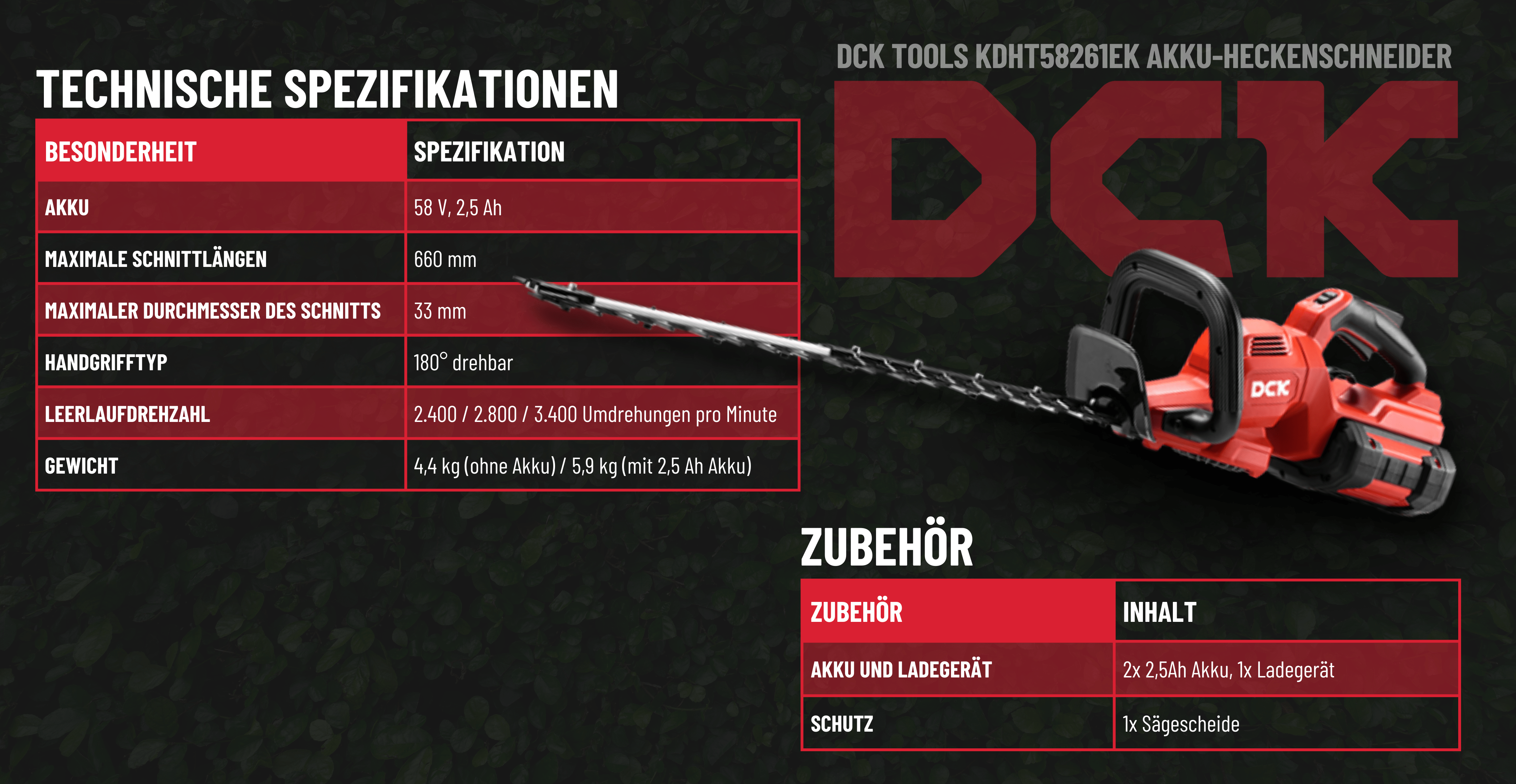 DCK 58V Akku-Heckenschere spezifikationen