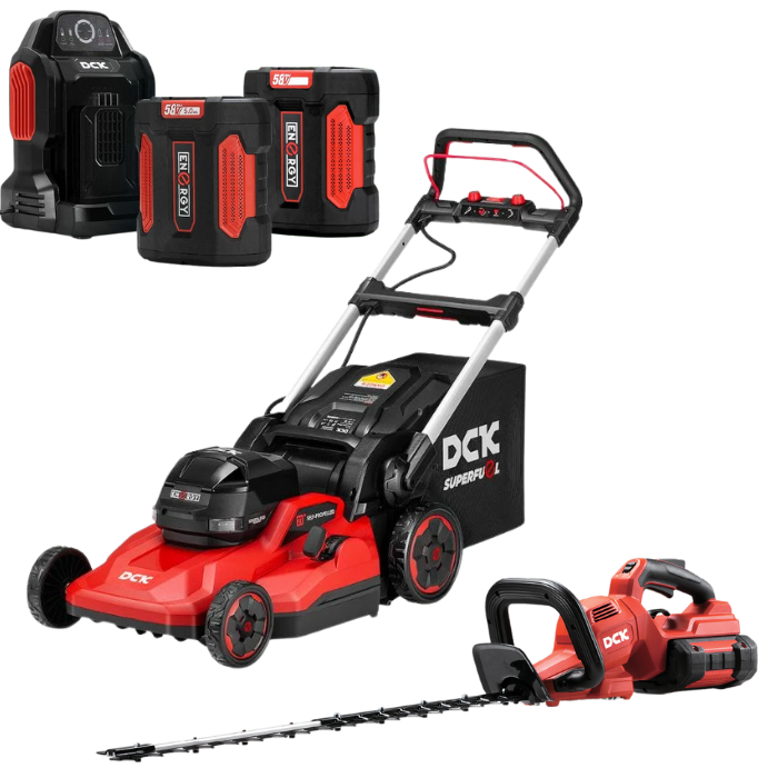 DCK Tools 58V Rasen & Hecke Kombi – Rasenmäher + Heckenschere + Akku's