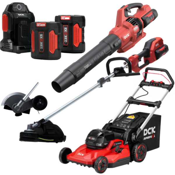 DCK Tuinonderhoud totaal SET DCK Tools 58V Gartenpflege Gesamtpaket – Rasenmäher + Kombimotor + Akku-Set