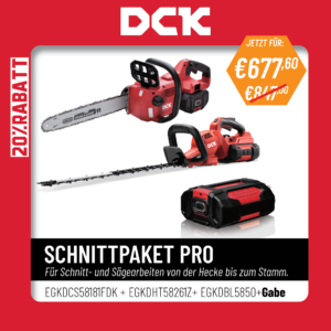 DCK Tools 58V Schnittpaket PRO – Akku-Kettensäge + Heckenschere mit zusätzlichem 5.0Ah Akku