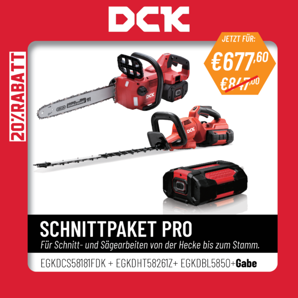 DCK Tools 58V Schnittpaket PRO – Akku-Kettensäge + Heckenschere mit zusätzlichem 5.0Ah Akku
