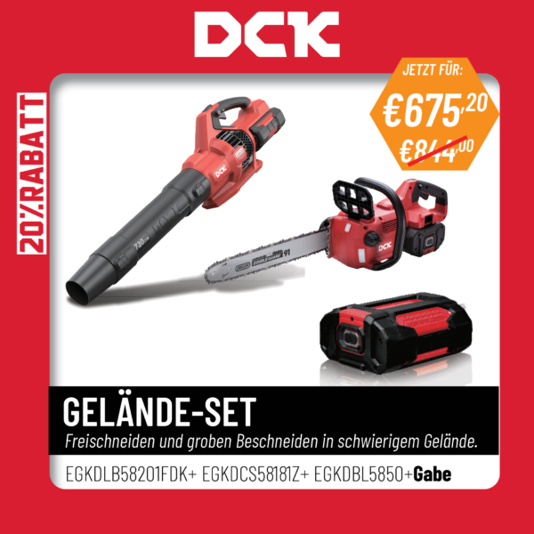 DCK Tools 58V Gelände-Set Laubbläser + Kettensäge
