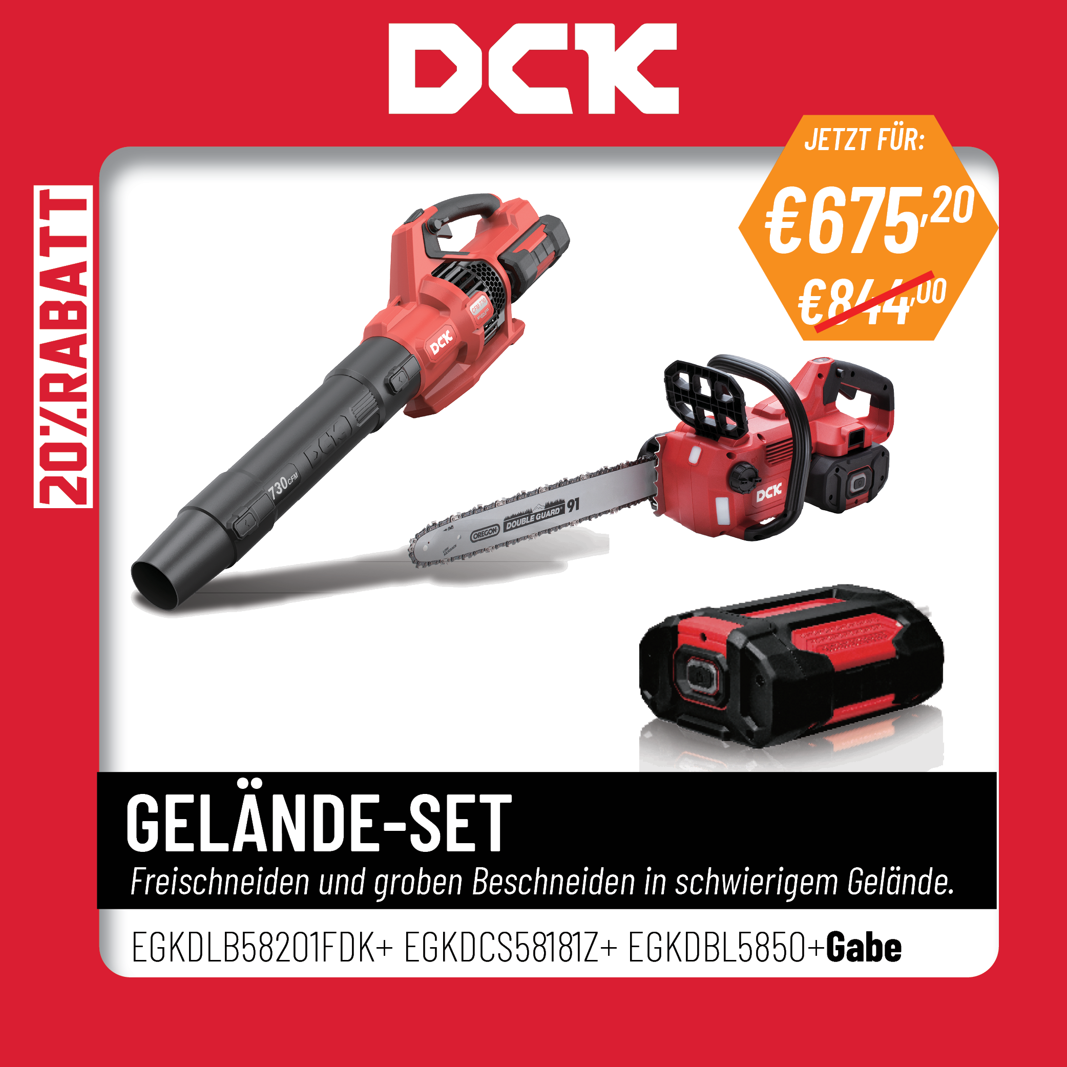 DCK Tools 58V Gelände-Set Laubbläser + Kettensäge