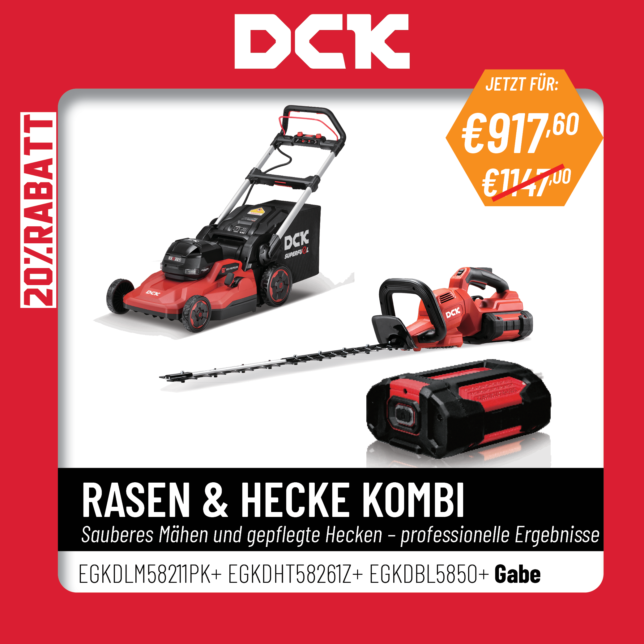 DCK Tools 58V Rasen & Hecke Kombi – Rasenmäher + Heckenschere + Akkus